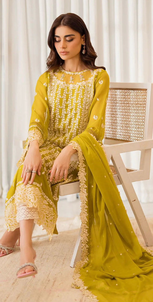 Unstitched Chiffon Embroidered 3 Piece Suit Amber Glow