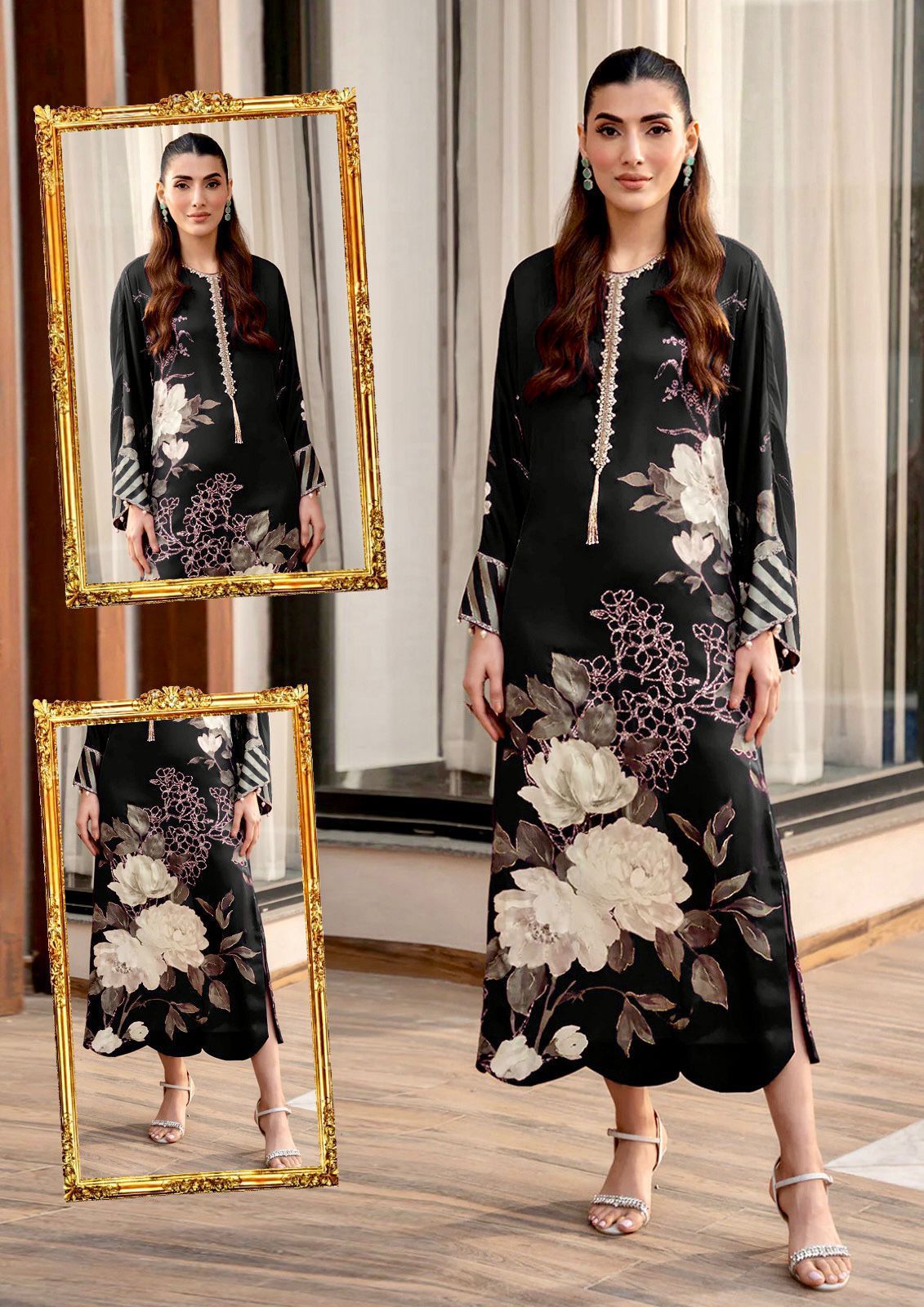 3 Piece Unstitched Silk Black Floral 3D