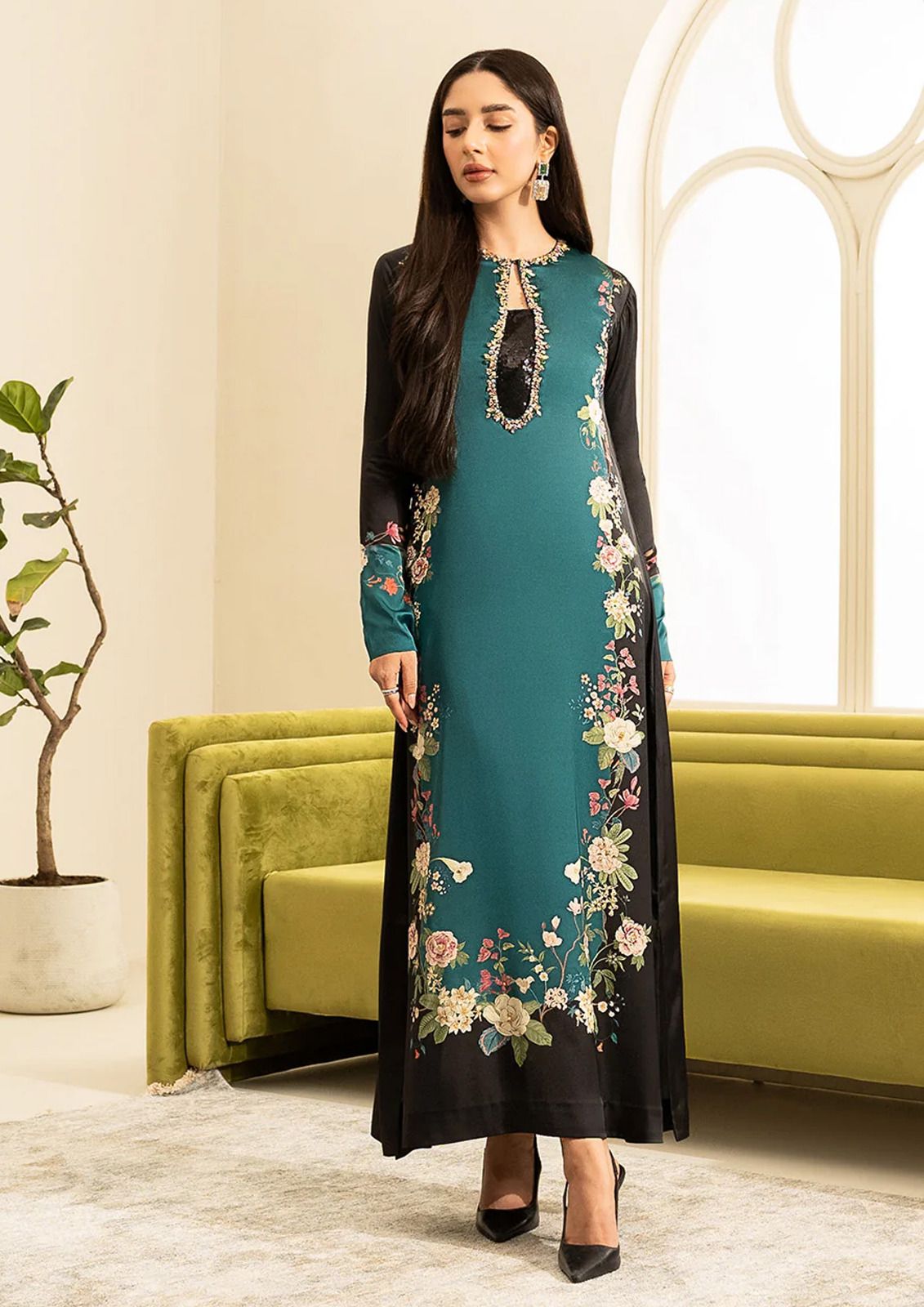 3 Piece Unstitched Silk Black + Sea Green