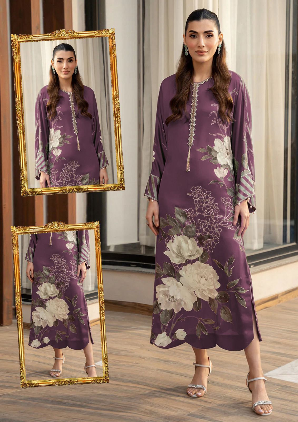 3 Piece Unstitched Silk Burgundy Purple Floral 3D