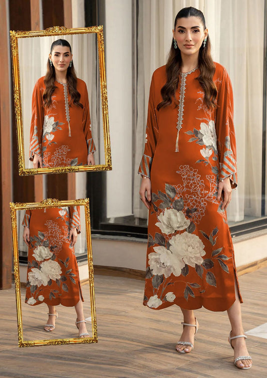 3 Piece Unstitched Silk Orange Floral 3D